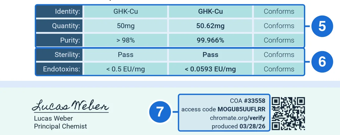 Chromate results and footer with blue boxes 5 to 7: identity, quantity and purity, sterility and endotoxins, and the footer job number and access code.