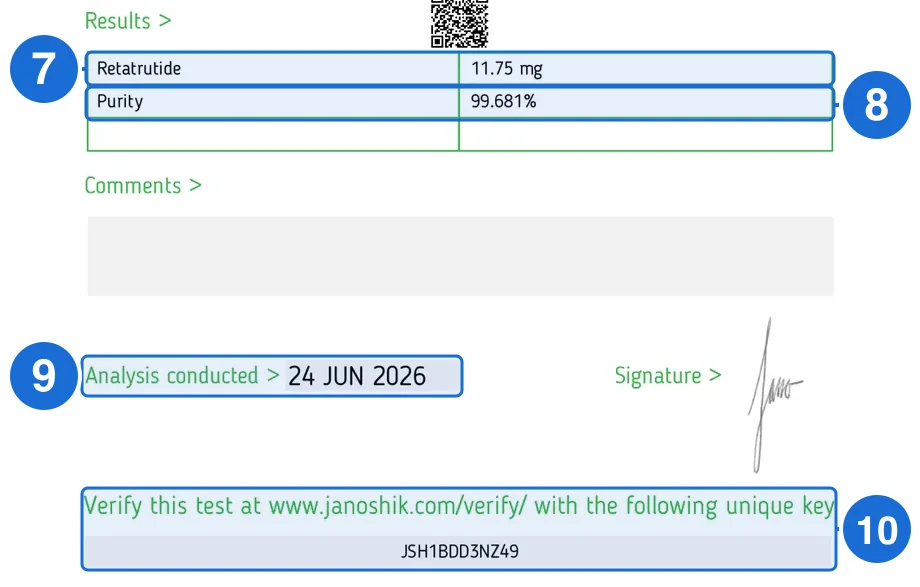 Lower part of the Ameano Peptides Janoshik Analytical report for task 194694, with blue boxes numbered 7 to 10 on the measured amount, purity, analysis date and the 12-character unique key.