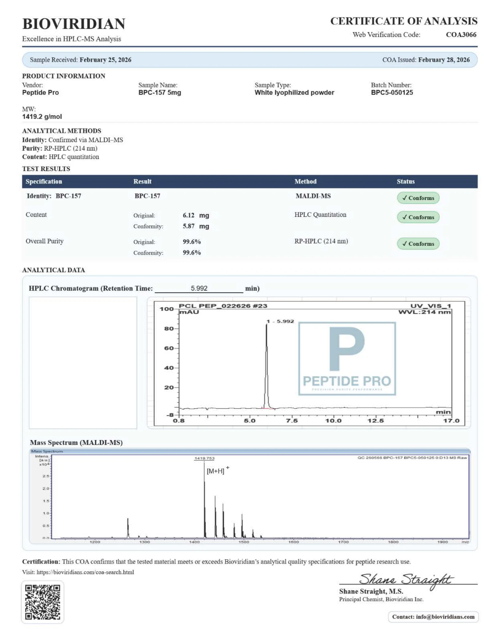BPC-157 5 mg, page 1: original laboratory page with PeptidePrices numbered annotations