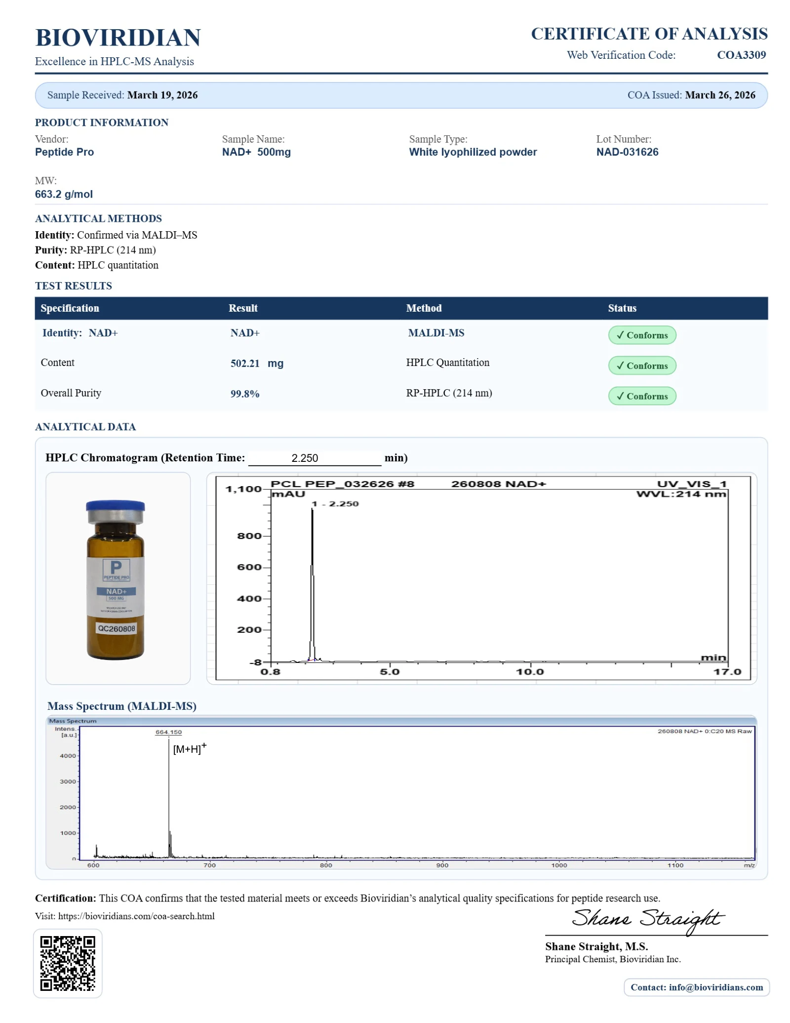 NAD+ 500 mg, page 1: original laboratory page with PeptidePrices numbered annotations