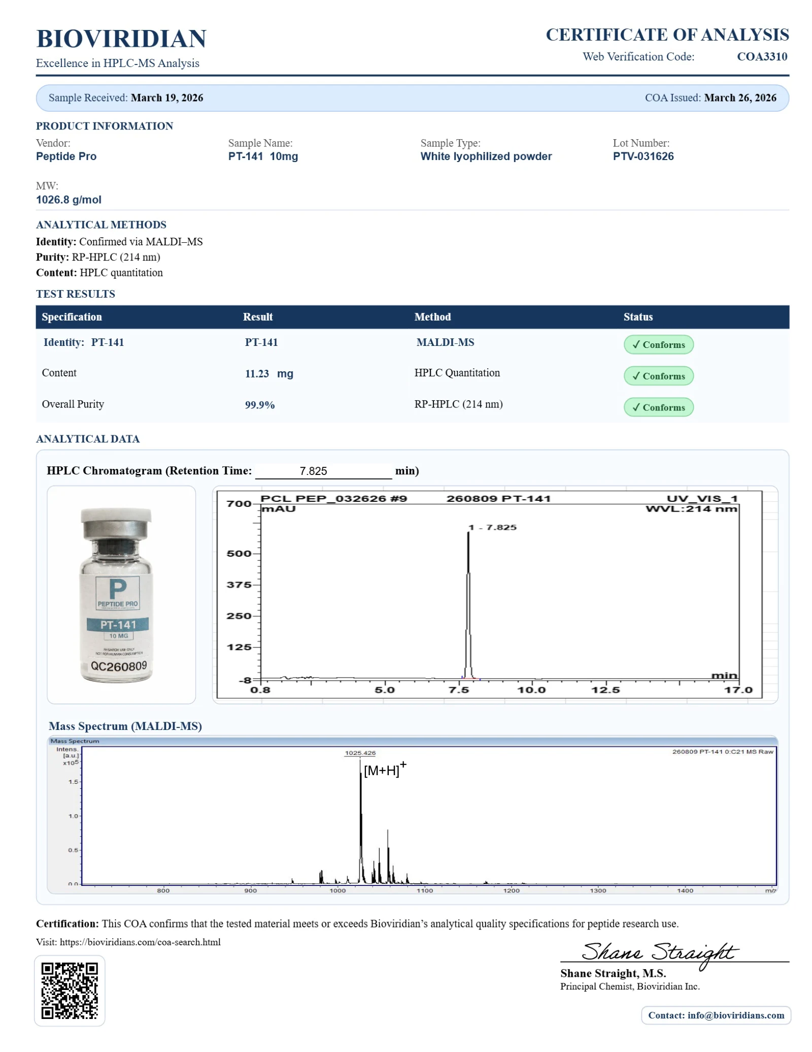 PT-141 (Bremelanotide) 10 mg, page 1: original laboratory page with PeptidePrices numbered annotations