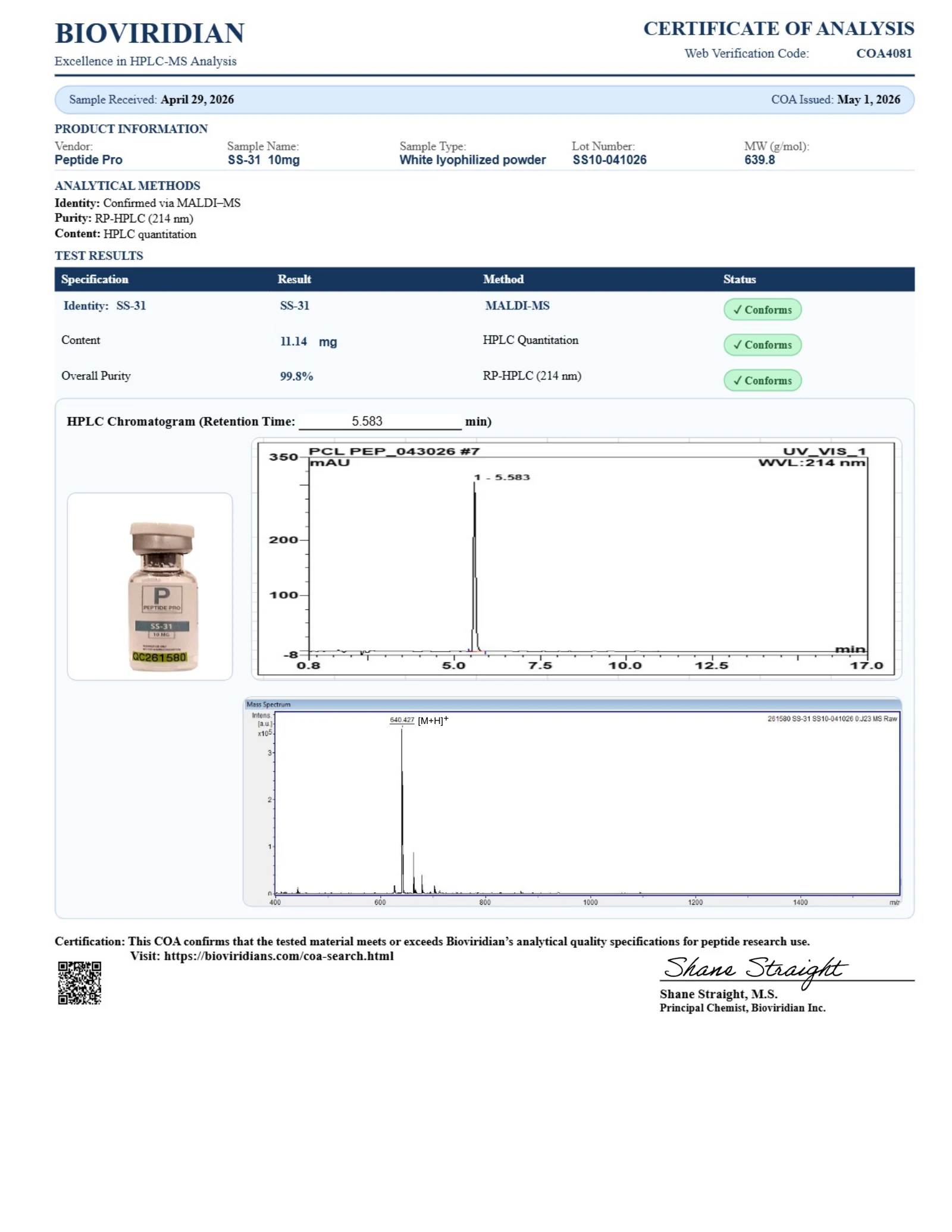 SS-31 (Elamipretide) 10 mg, page 1: original laboratory page with PeptidePrices numbered annotations