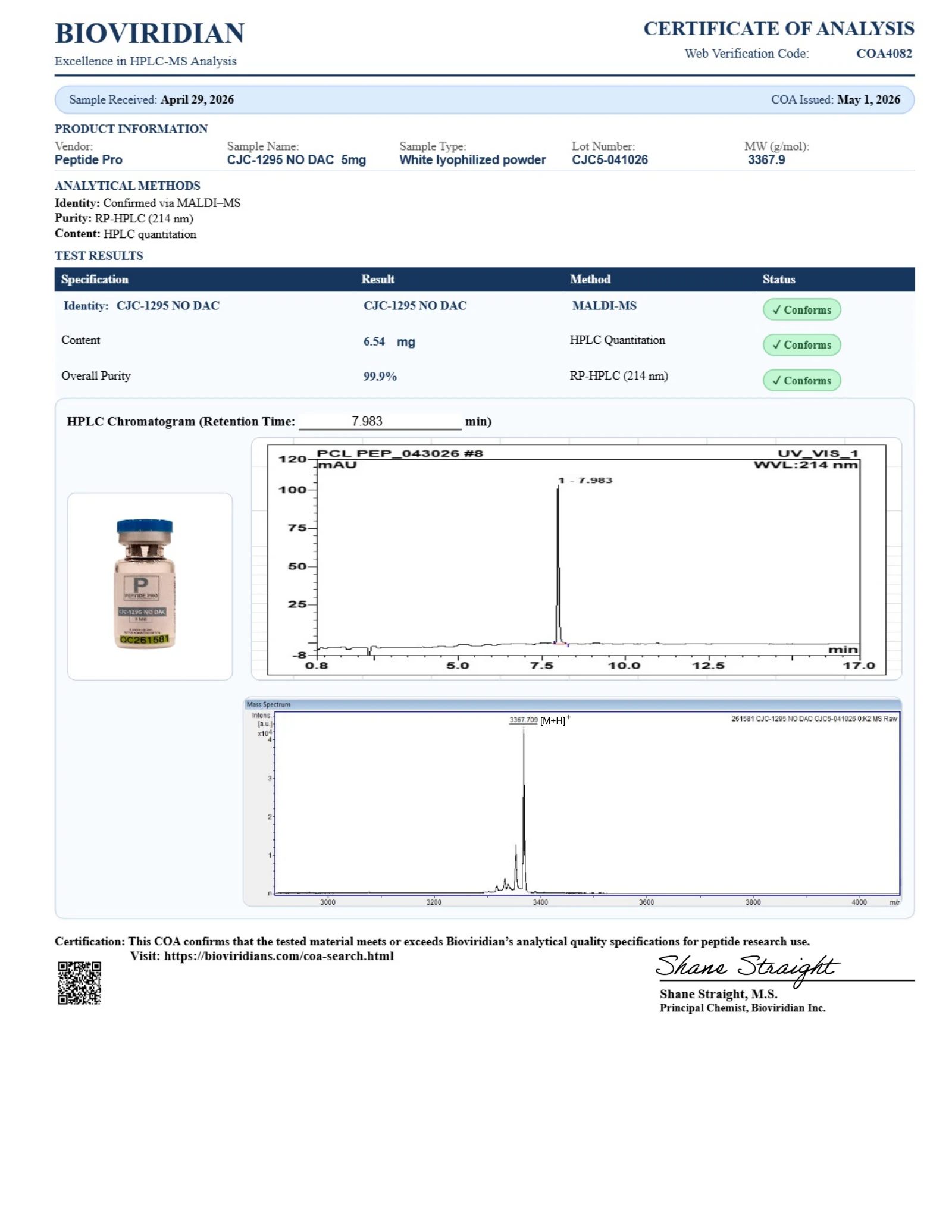 CJC-1295 (No DAC) 5 mg, page 1: original laboratory page with PeptidePrices numbered annotations
