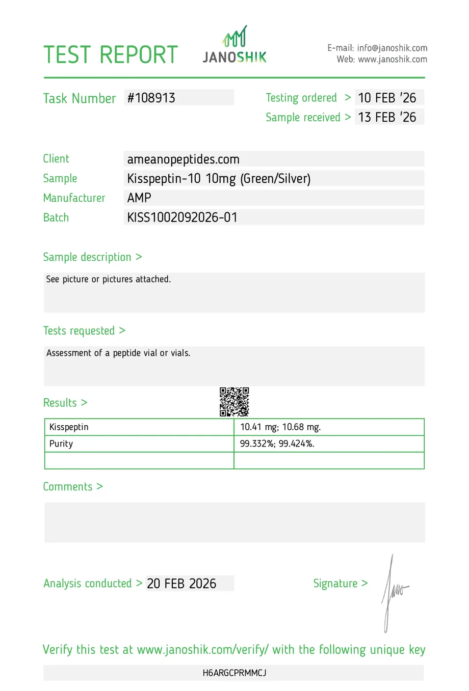 Janoshik certificate preview for Kisspeptin-10