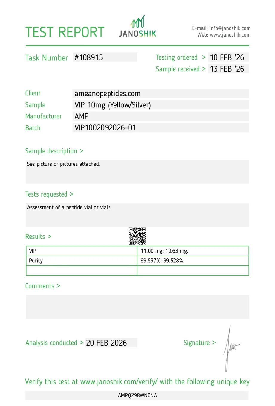 Janoshik certificate preview for VIP (Vasoactive Intestinal Peptide)