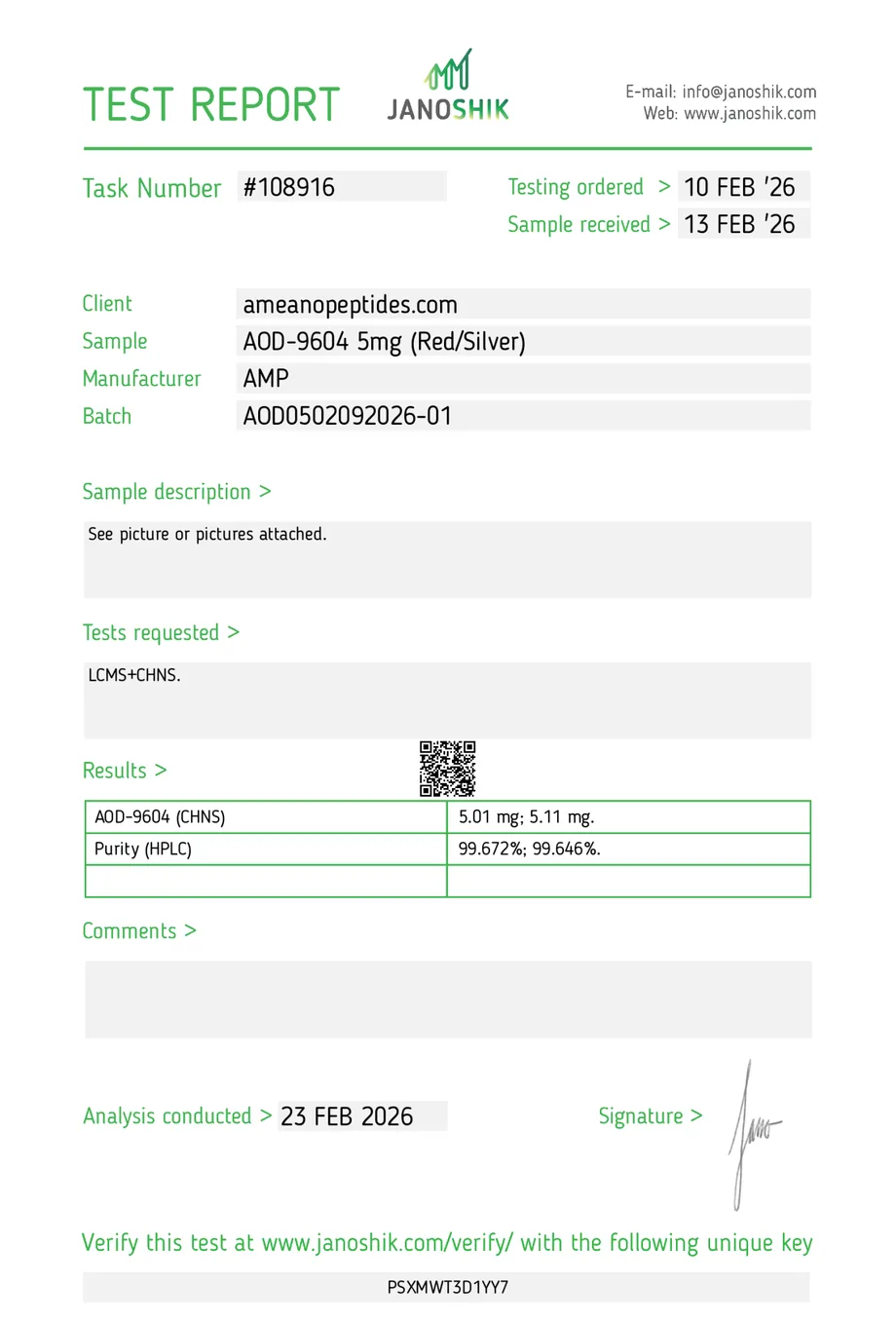 Janoshik certificate preview for AOD-9604