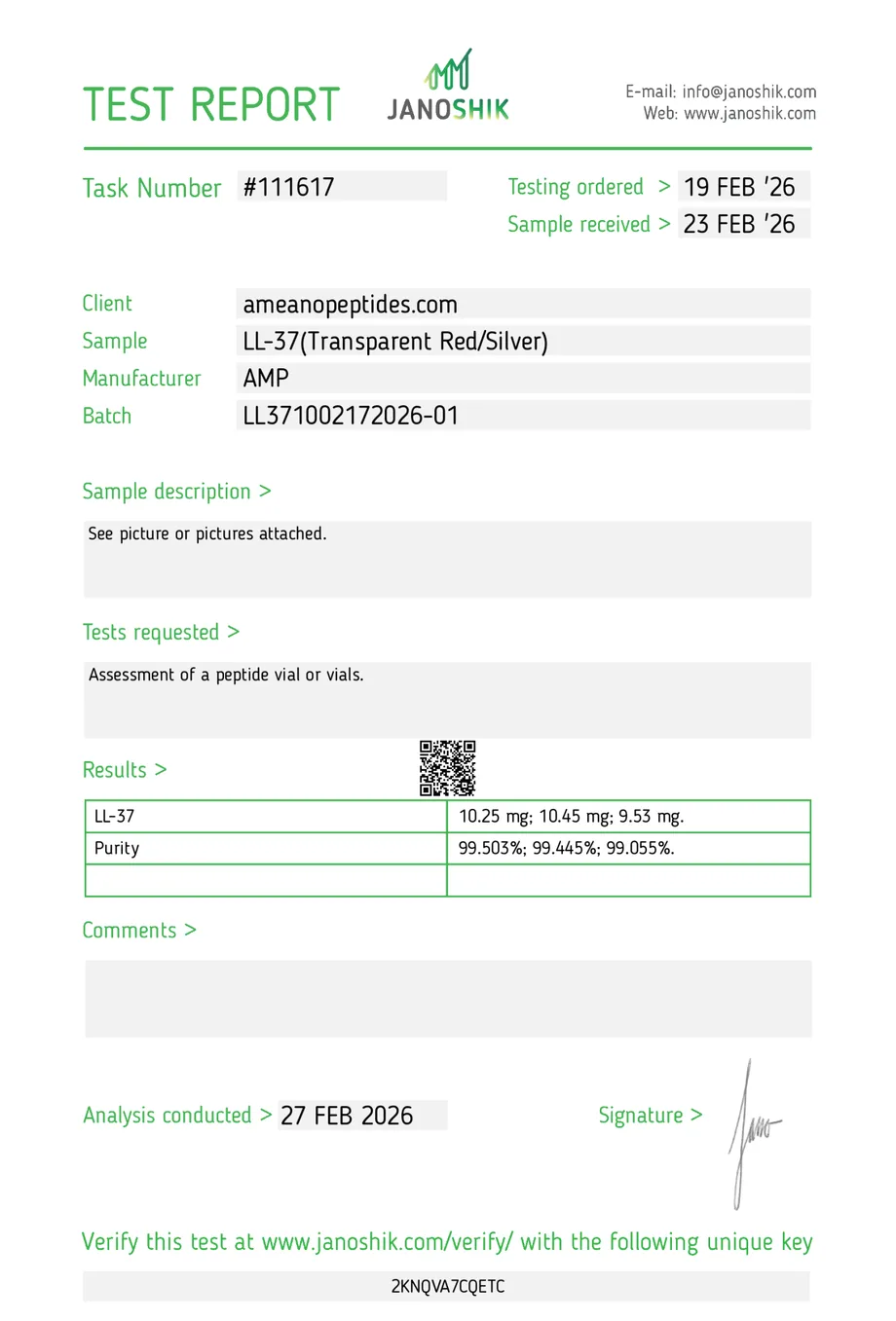 Janoshik certificate preview for LL-37