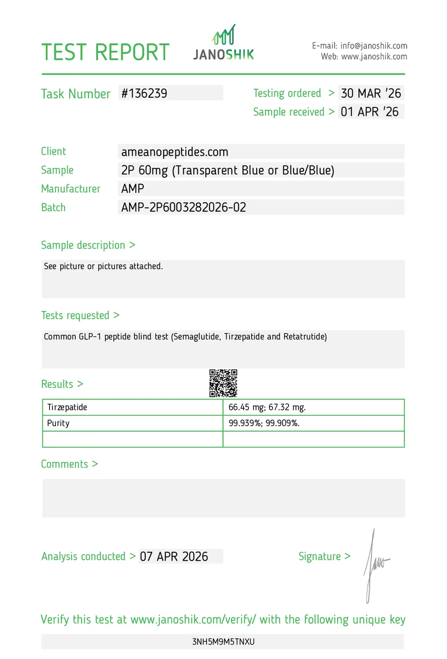 Janoshik certificate preview for Tirzepatide