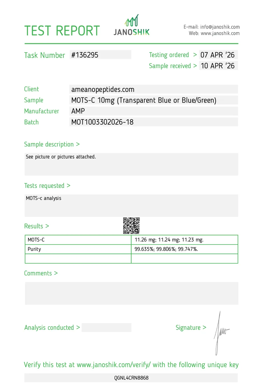Janoshik certificate preview for MOTS-c