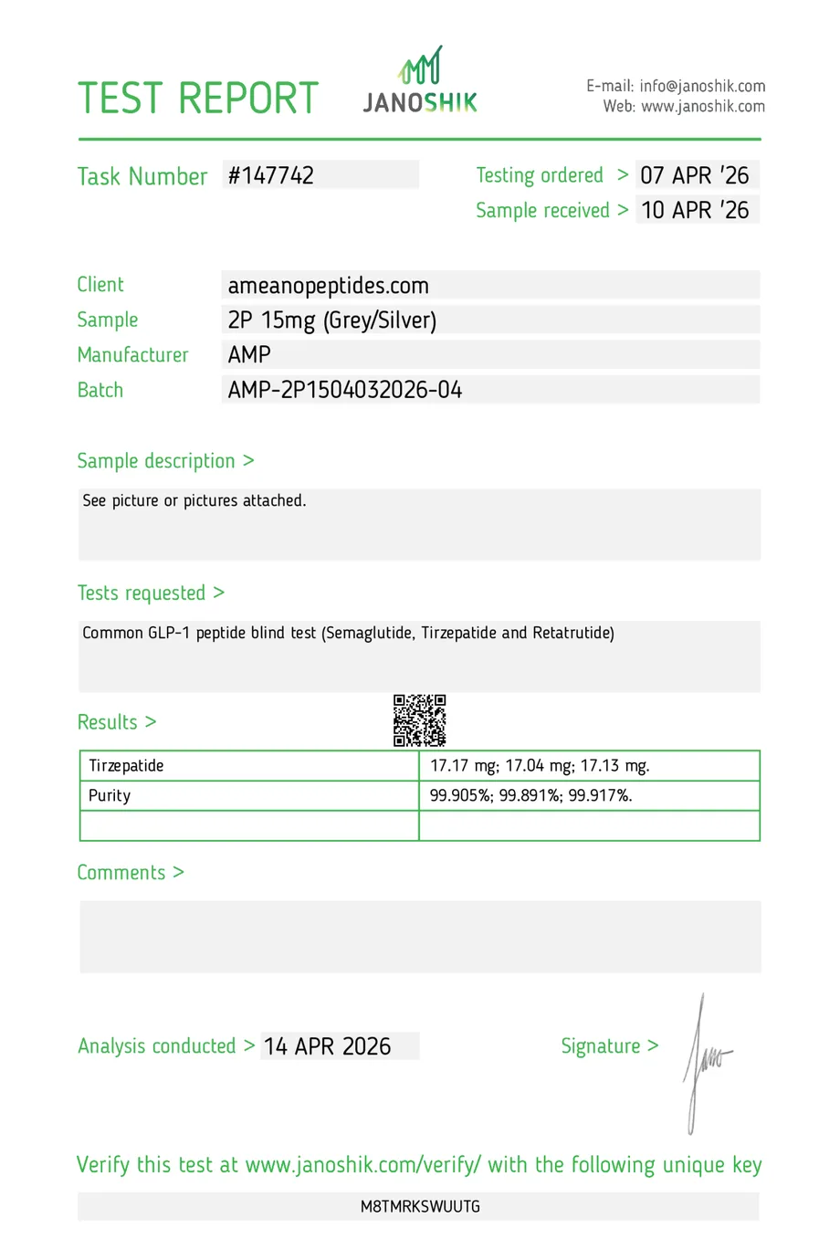Janoshik certificate preview for Tirzepatide
