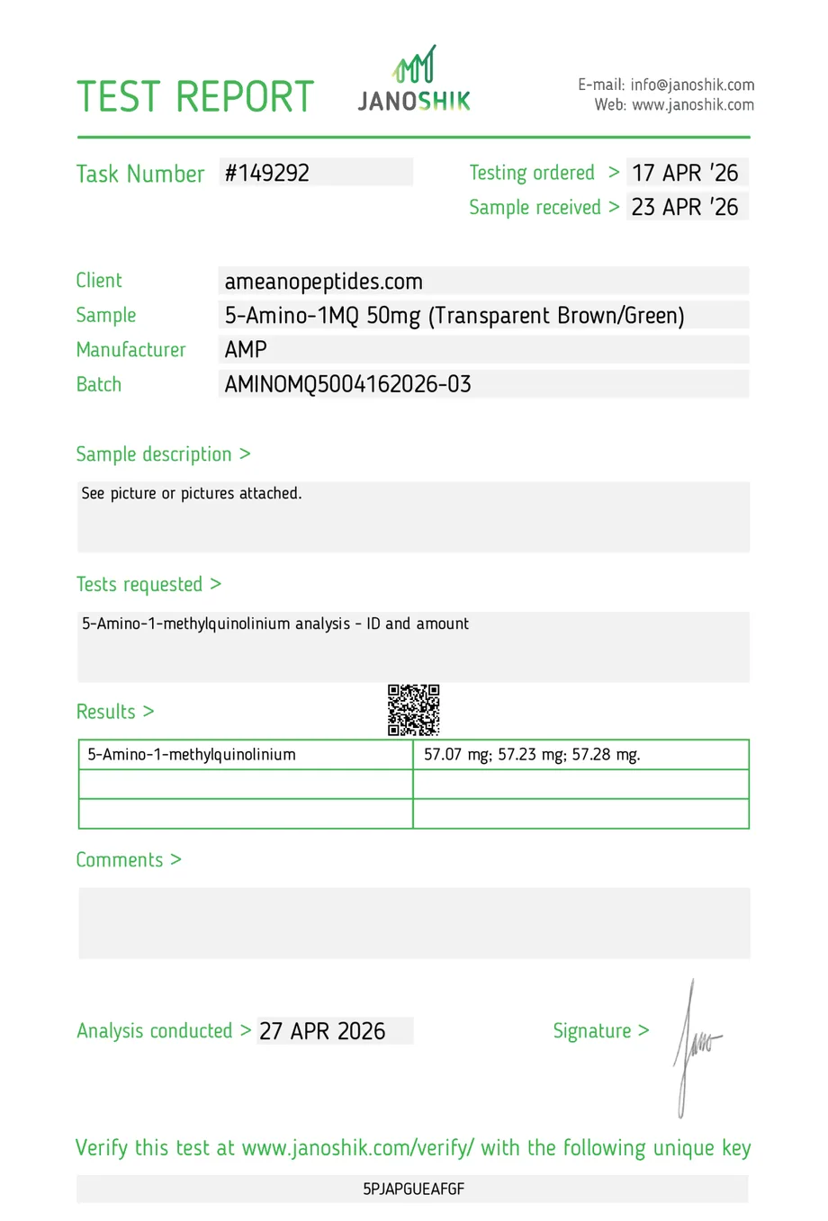 Janoshik certificate preview for 5-Amino-1MQ