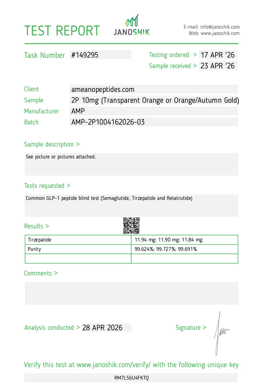 Janoshik certificate preview for Tirzepatide
