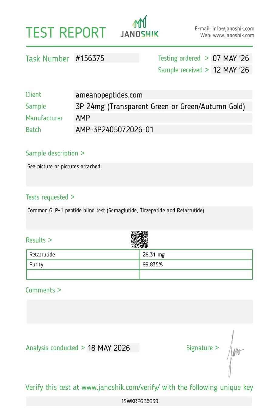 Janoshik certificate preview for Retatrutide