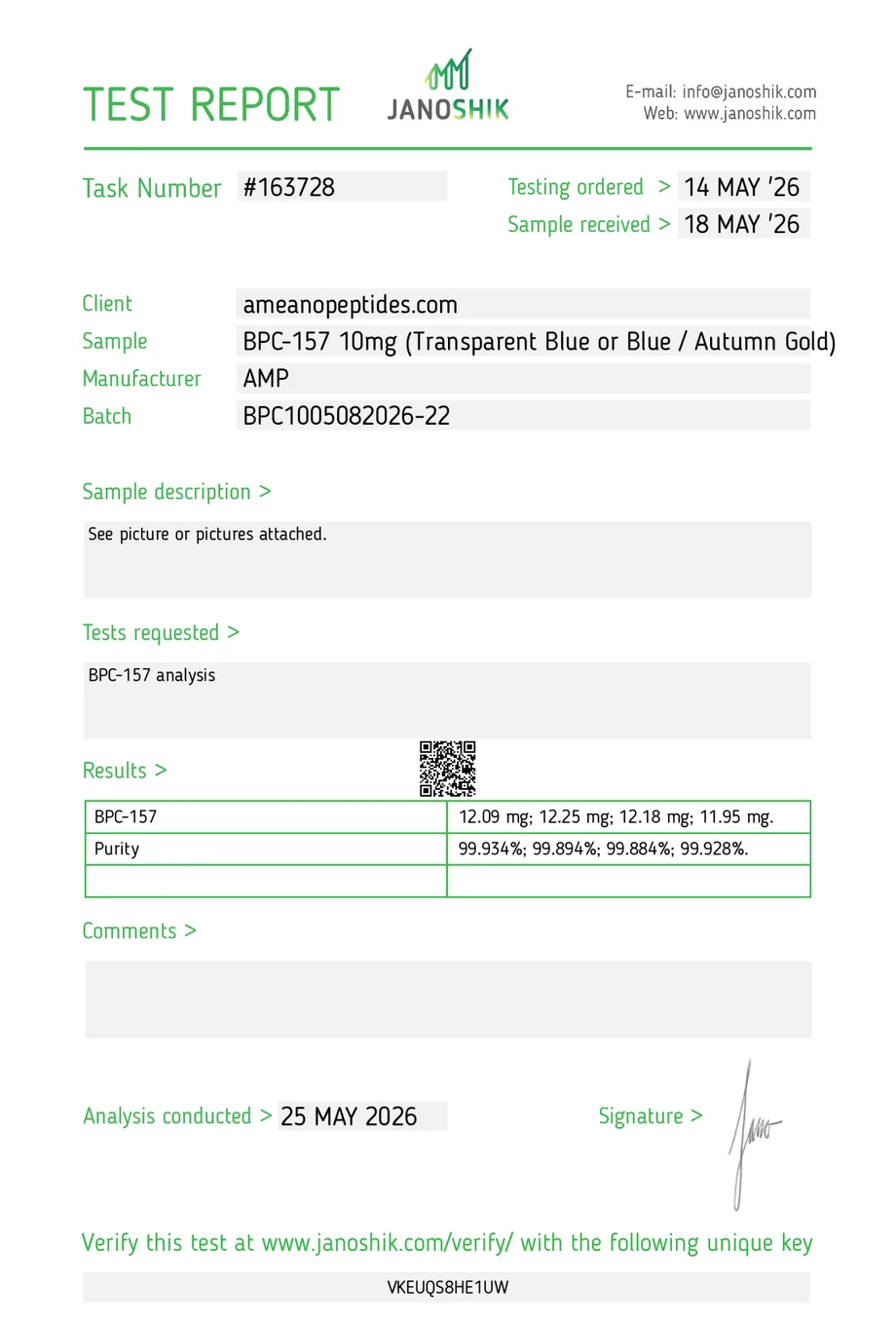 Janoshik certificate preview for BPC-157