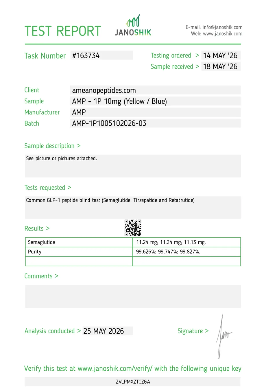 Janoshik certificate preview for Semaglutide