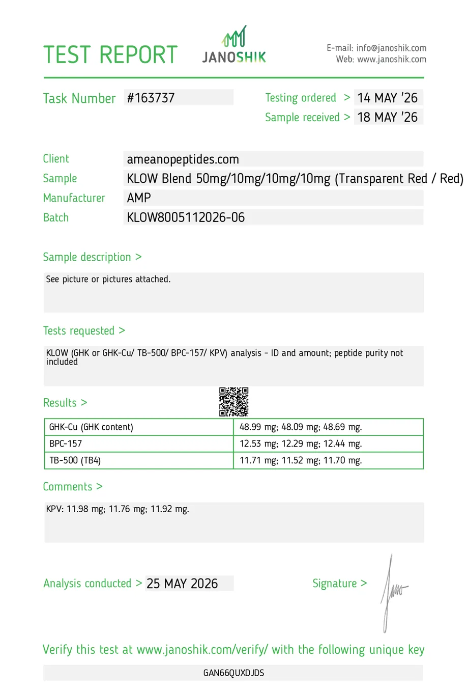 Janoshik certificate preview for KLOW Protocol
