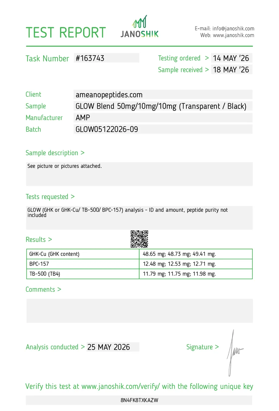 Janoshik certificate preview for GLOW Protocol