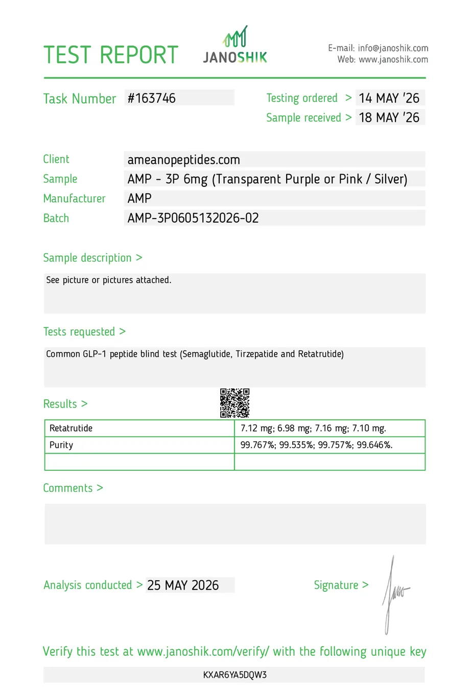 Janoshik certificate preview for Retatrutide