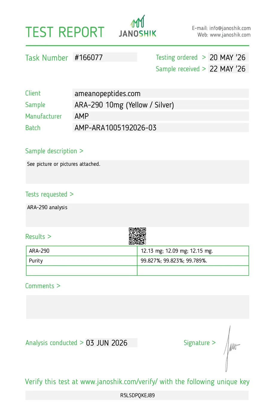 Janoshik certificate preview for ARA-290 (Cibinetide)
