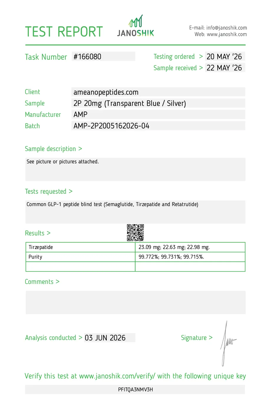 Janoshik certificate preview for Tirzepatide
