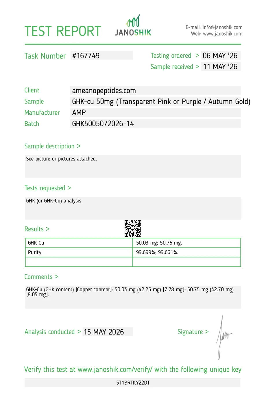 Janoshik certificate preview for GHK-Cu (Copper Peptide)