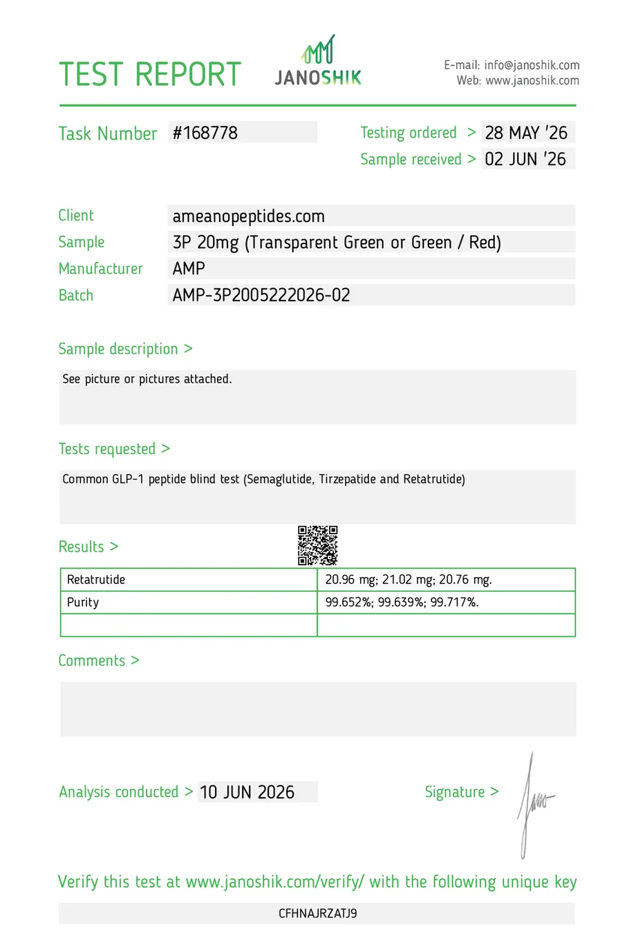 Janoshik certificate preview for Retatrutide
