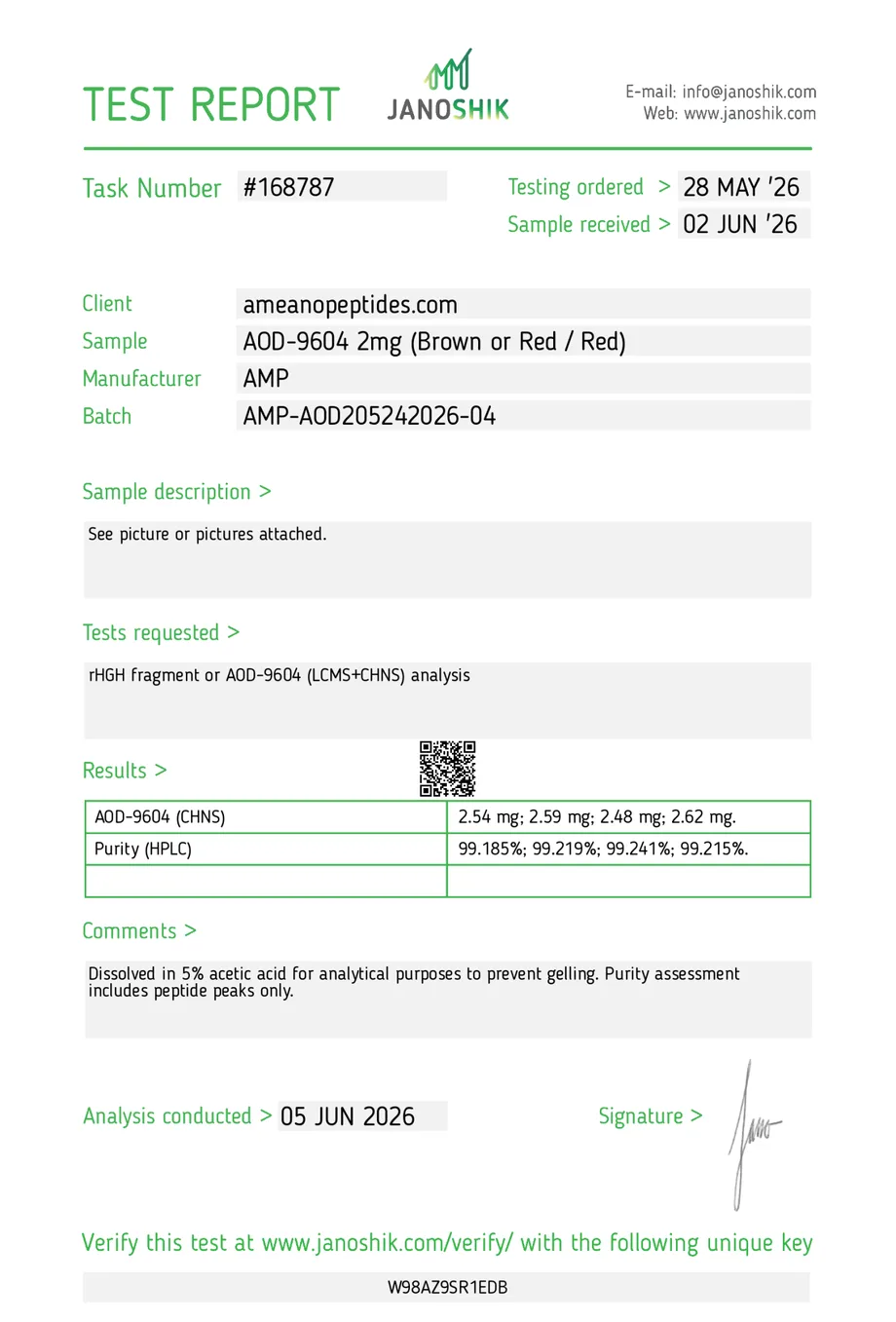 Janoshik certificate preview for AOD-9604