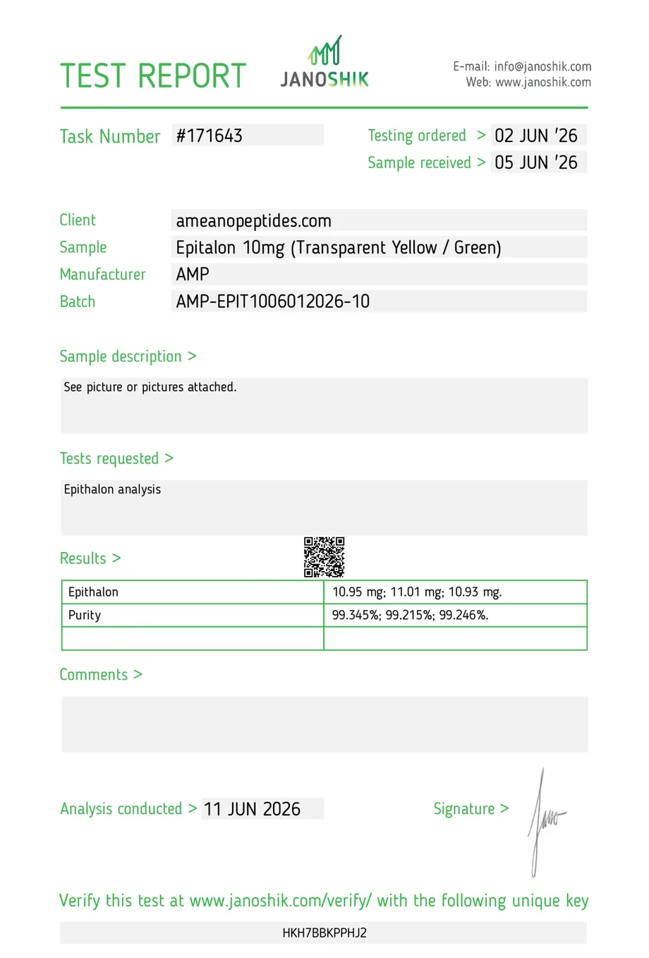 Janoshik certificate preview for Epithalon (Epitalon)