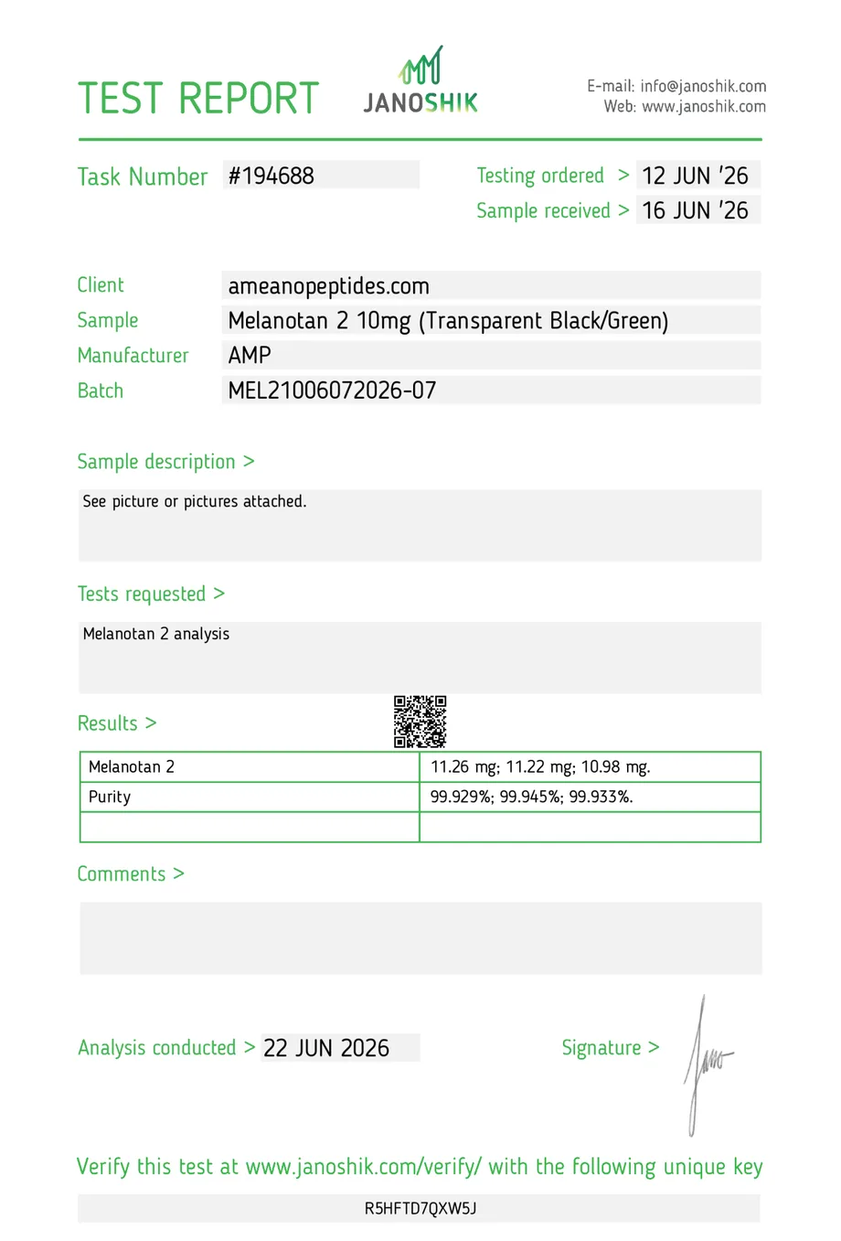 Janoshik certificate preview for Melanotan-2 (MT-2)