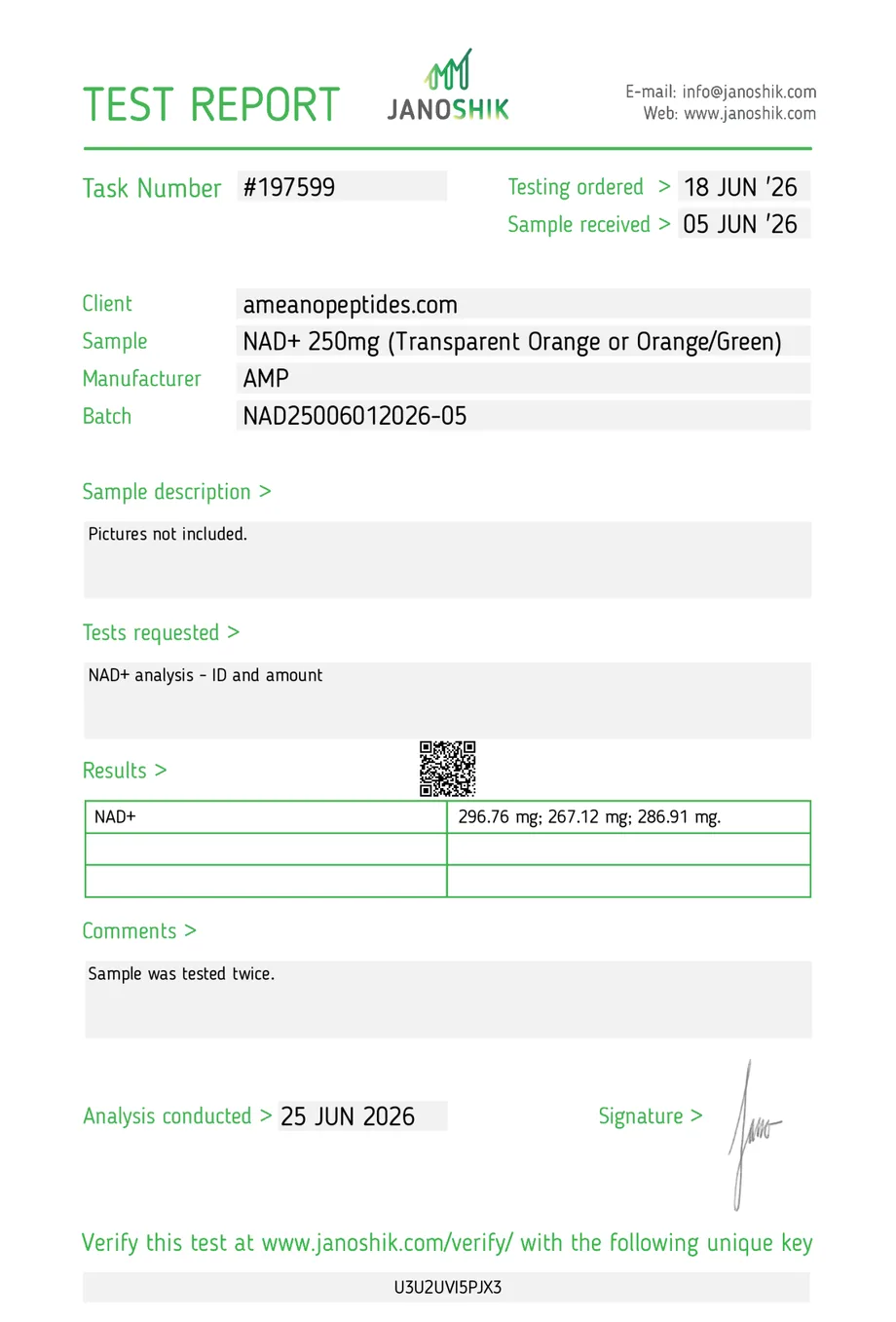 Janoshik certificate preview for NAD+