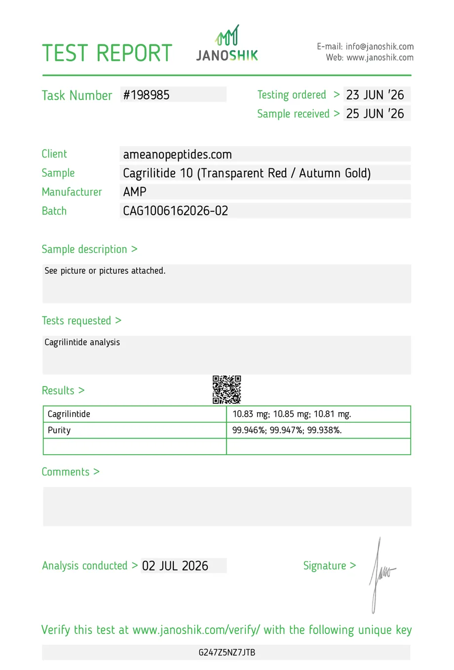Janoshik certificate preview for Cagrilintide