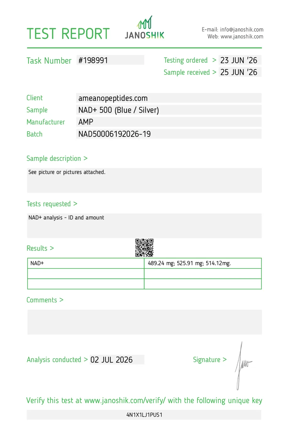 Janoshik certificate preview for NAD+