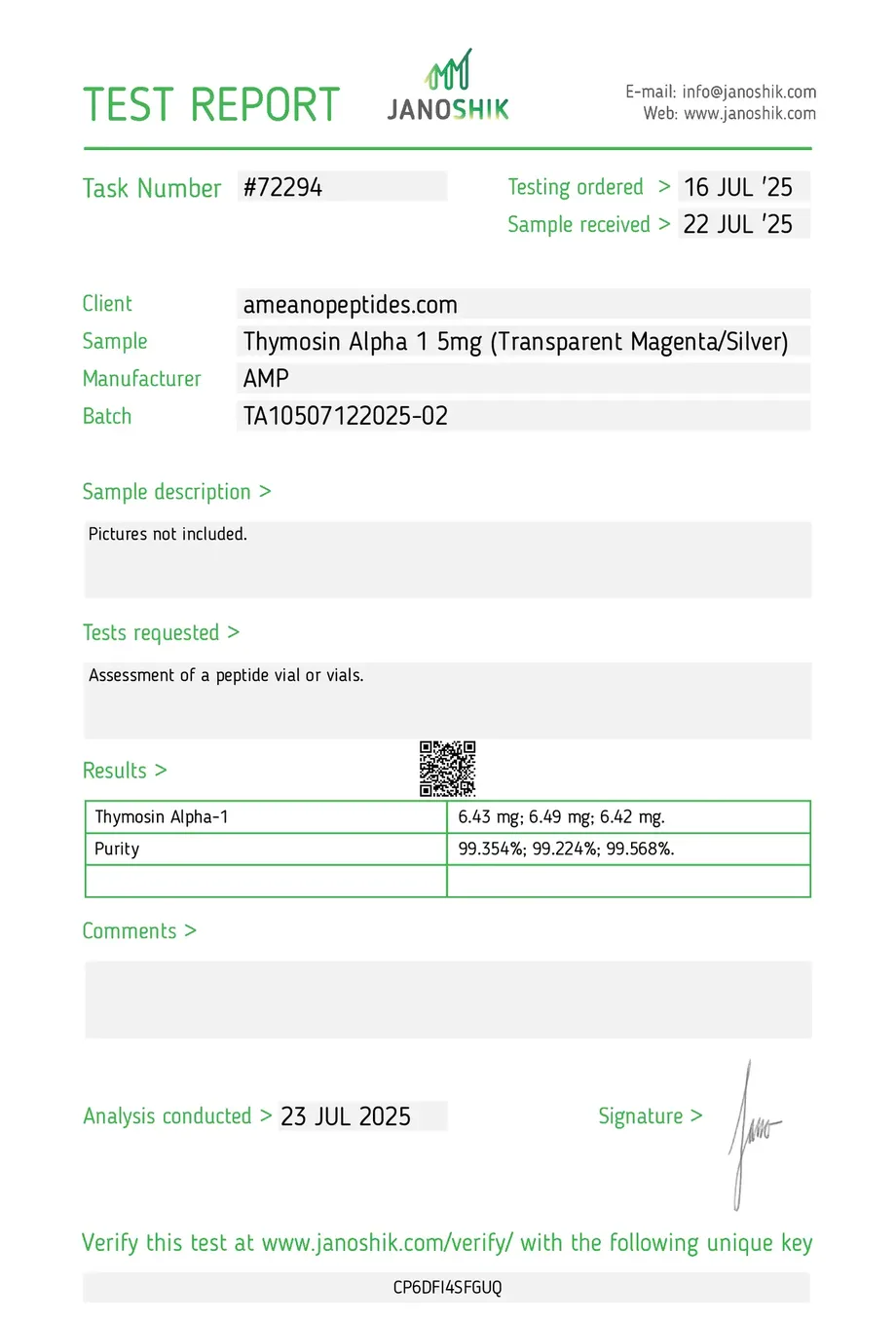 Janoshik certificate preview for Thymosin Alpha-1