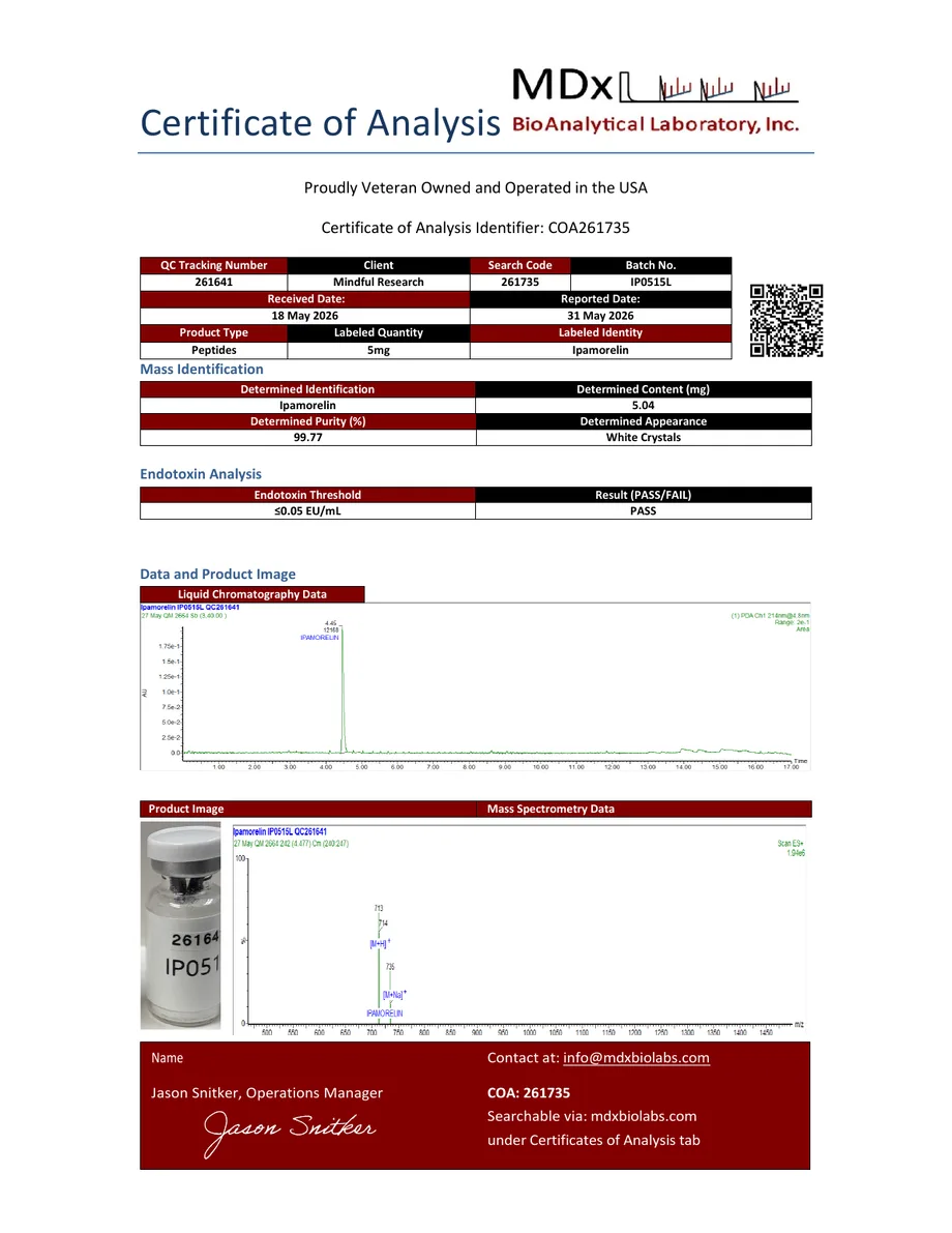 MDx BioAnalytical certificate preview for Ipamorelin