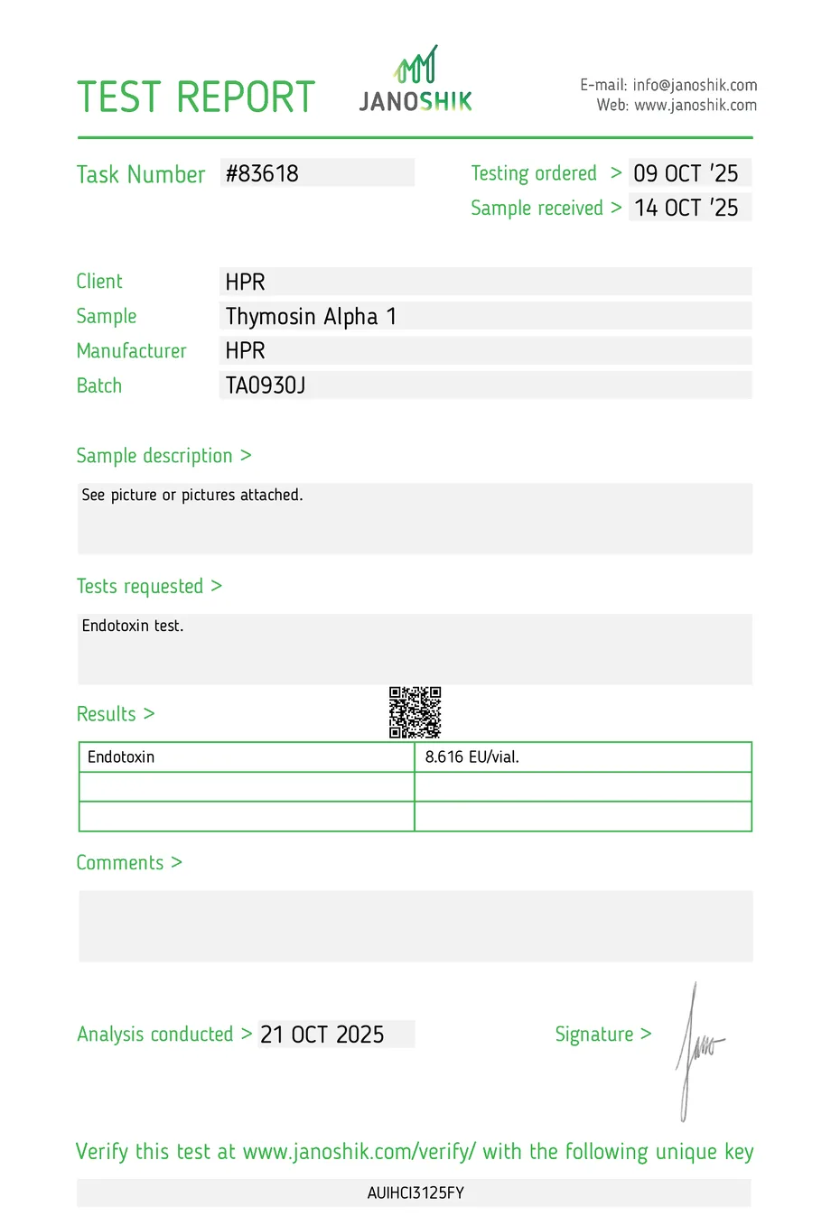 Janoshik certificate preview for Thymosin Alpha-1