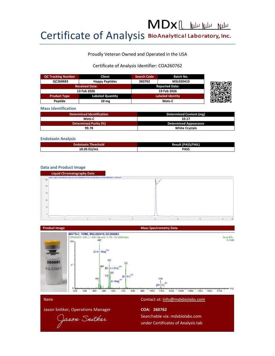 MDx BioAnalytical certificate preview for MOTS-c