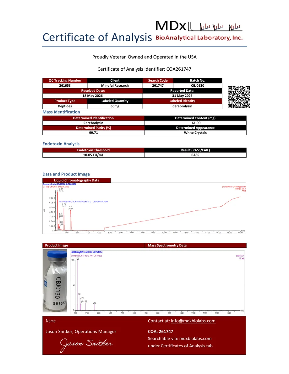 MDx BioAnalytical certificate preview for Cerebrolysin