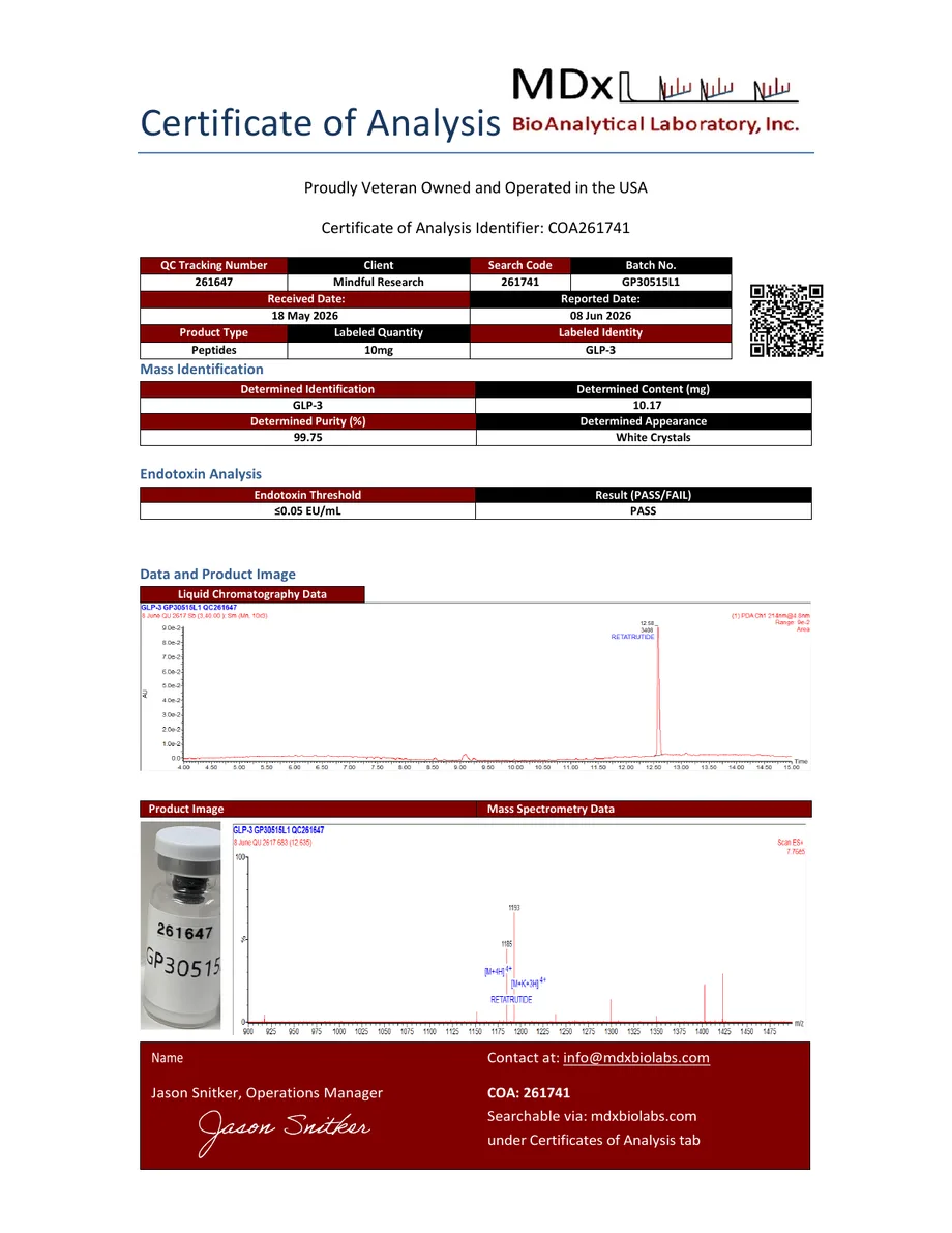 MDx BioAnalytical certificate preview for Retatrutide