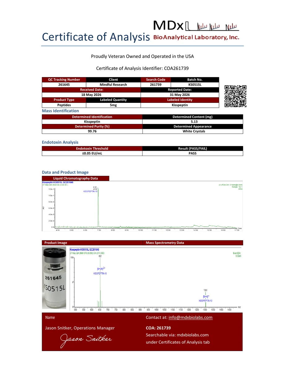 MDx BioAnalytical certificate preview for Kisspeptin-10