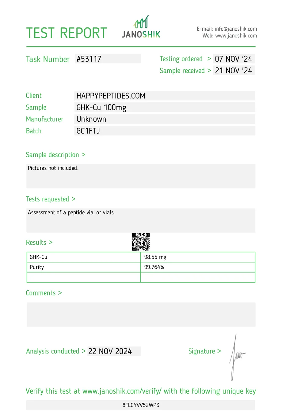 Janoshik certificate preview for GHK-Cu (Copper Peptide)