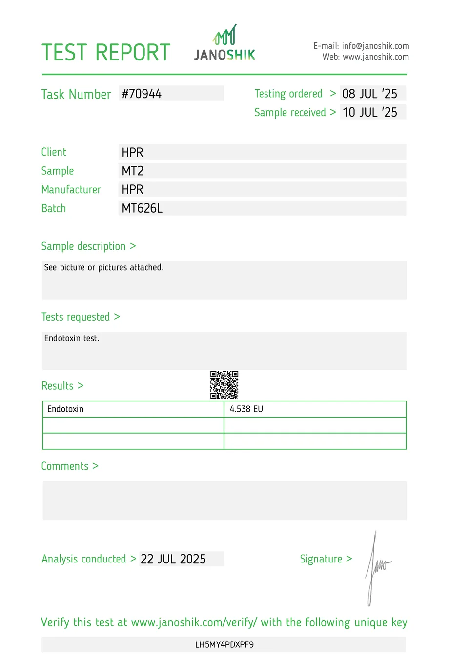 Janoshik certificate preview for Melanotan-2 (MT-2)