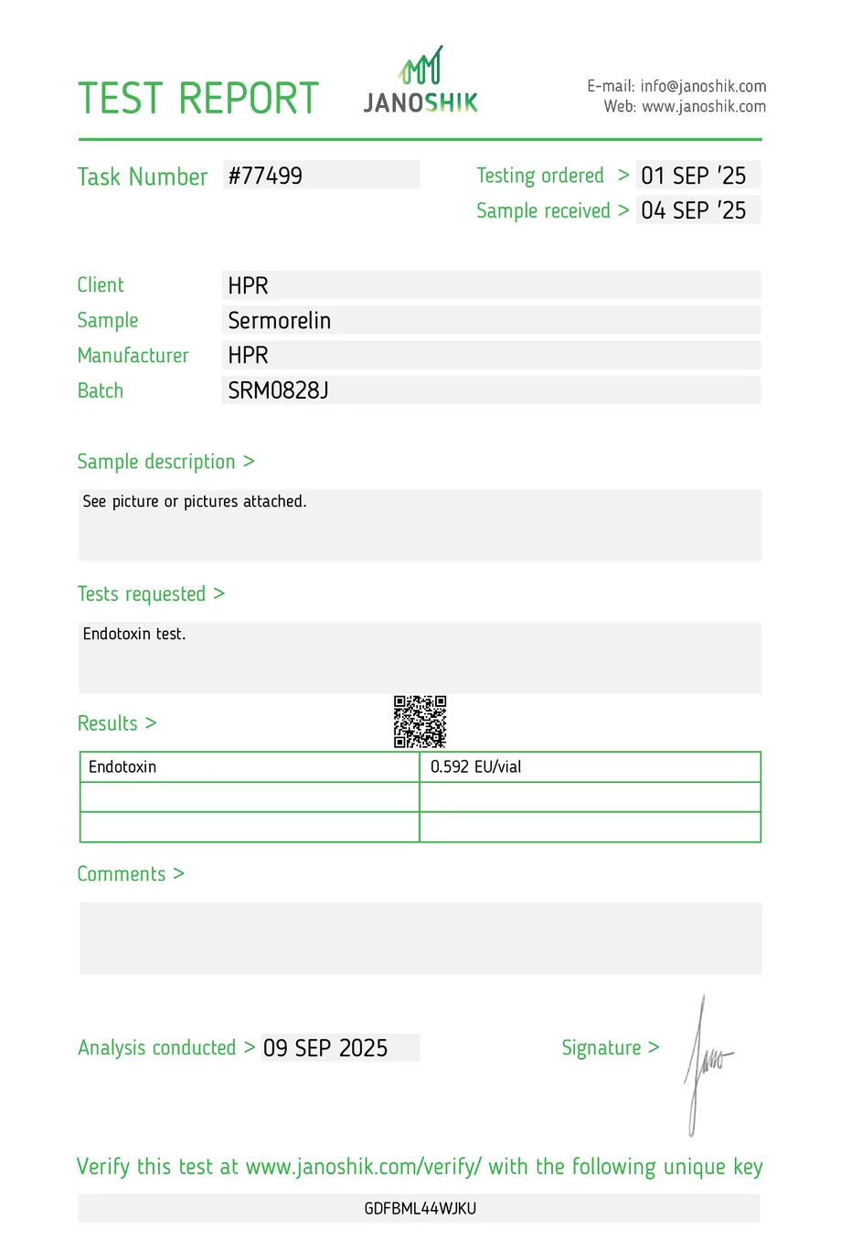 Janoshik certificate preview for Sermorelin