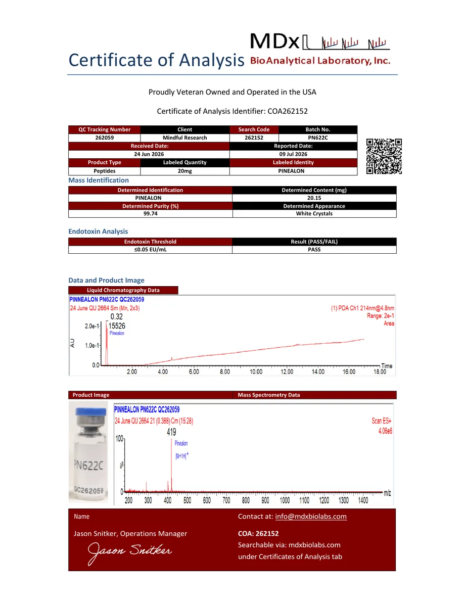 MDx BioAnalytical certificate preview for Pinealon
