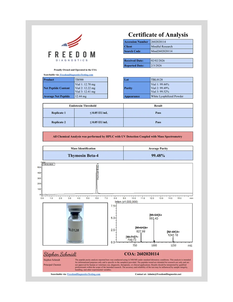 Freedom Diagnostics certificate preview for TB-500 (Thymosin Beta-4)