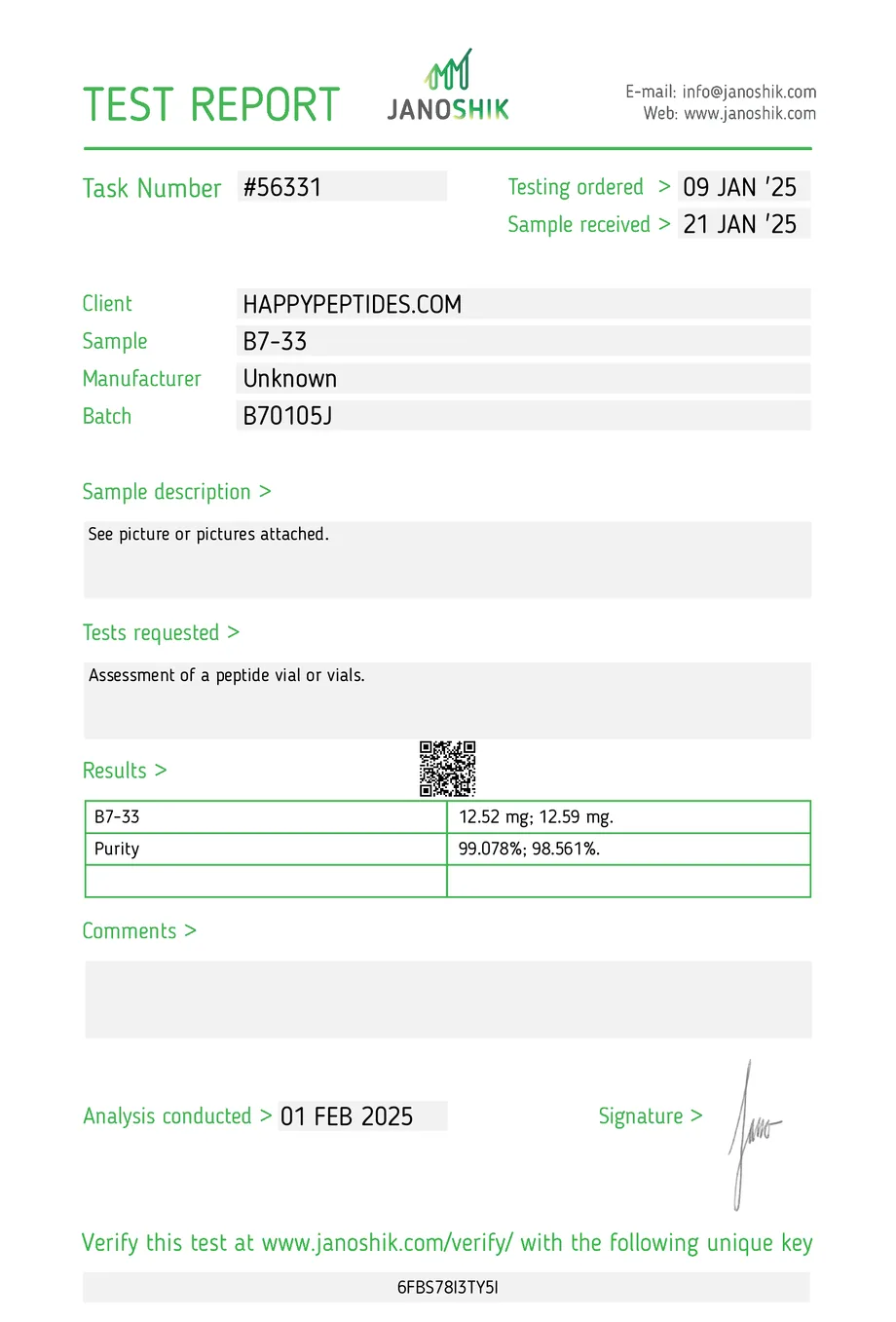Janoshik certificate preview for B7-33