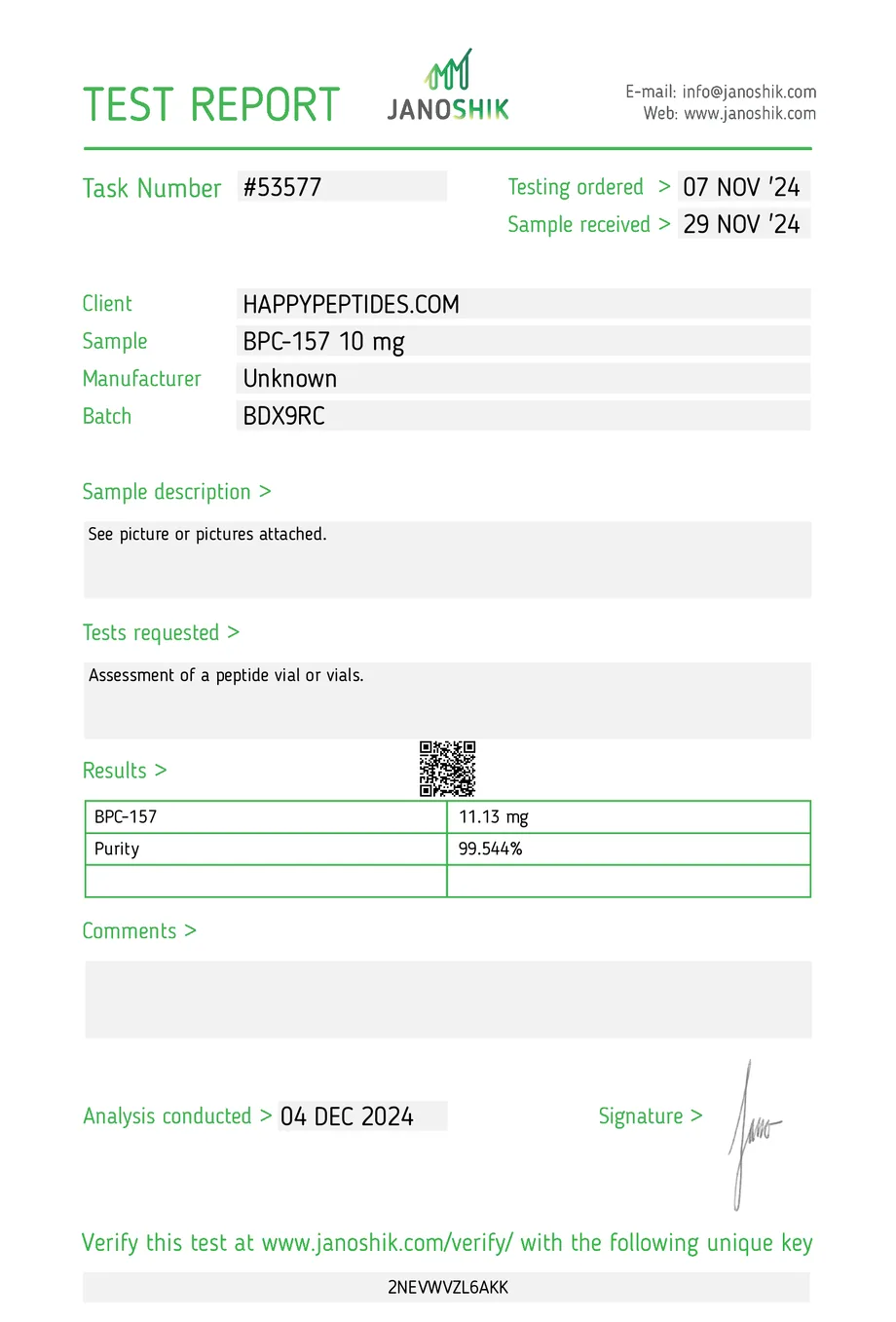 Janoshik certificate preview for BPC-157