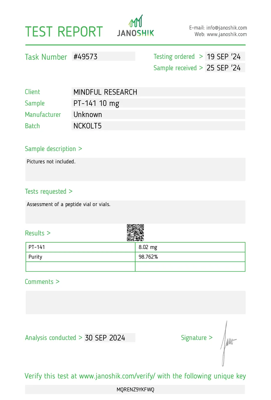 Janoshik certificate preview for PT-141 (Bremelanotide)