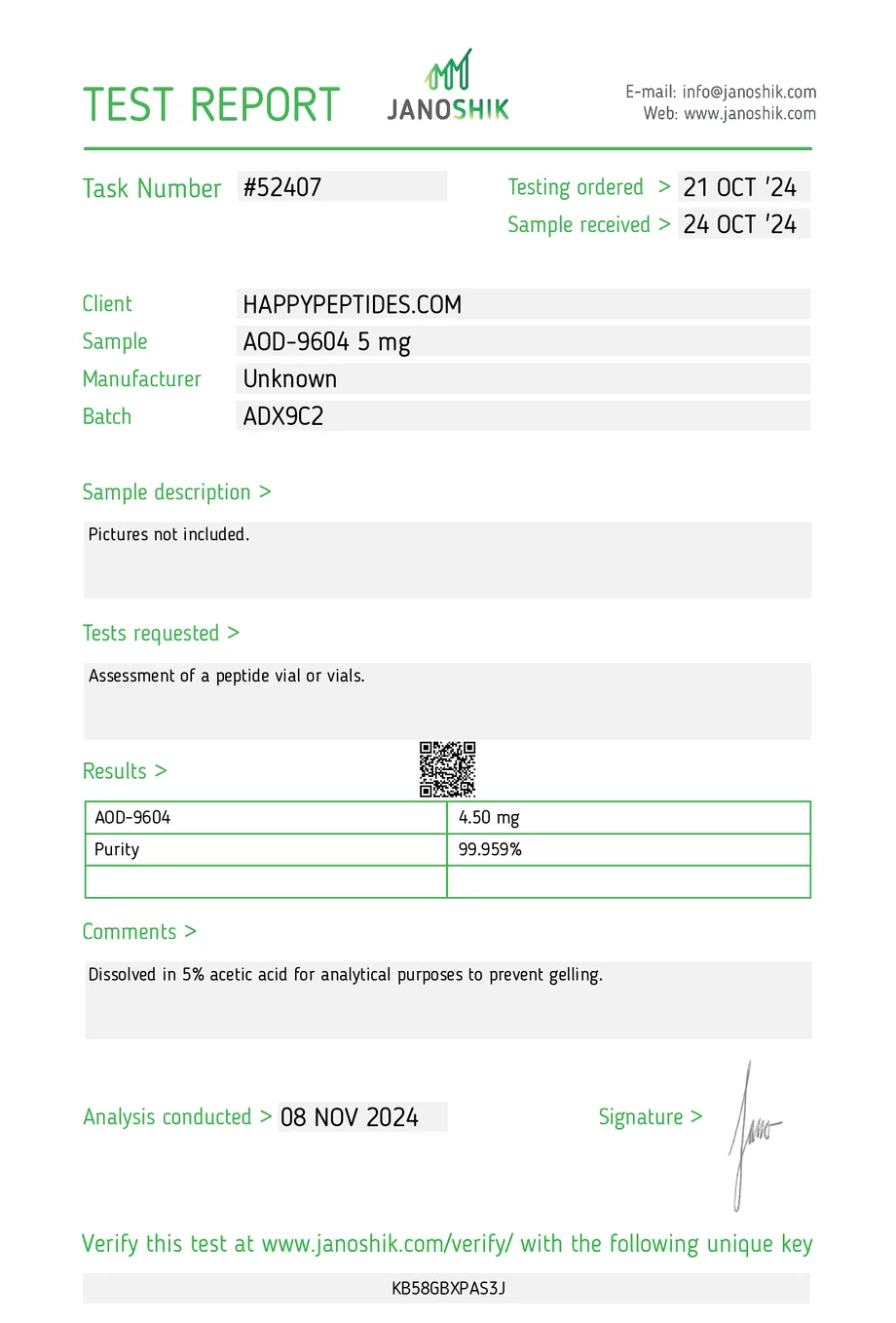 Janoshik certificate preview for AOD-9604
