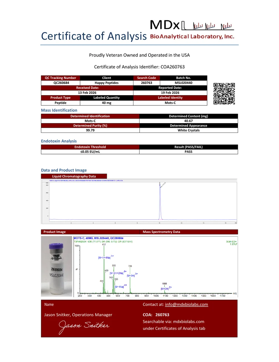 MDx BioAnalytical certificate preview for MOTS-c