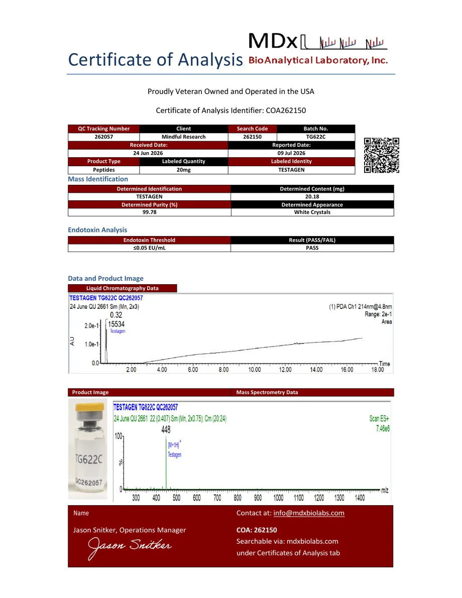 MDx BioAnalytical certificate preview for Testagen
